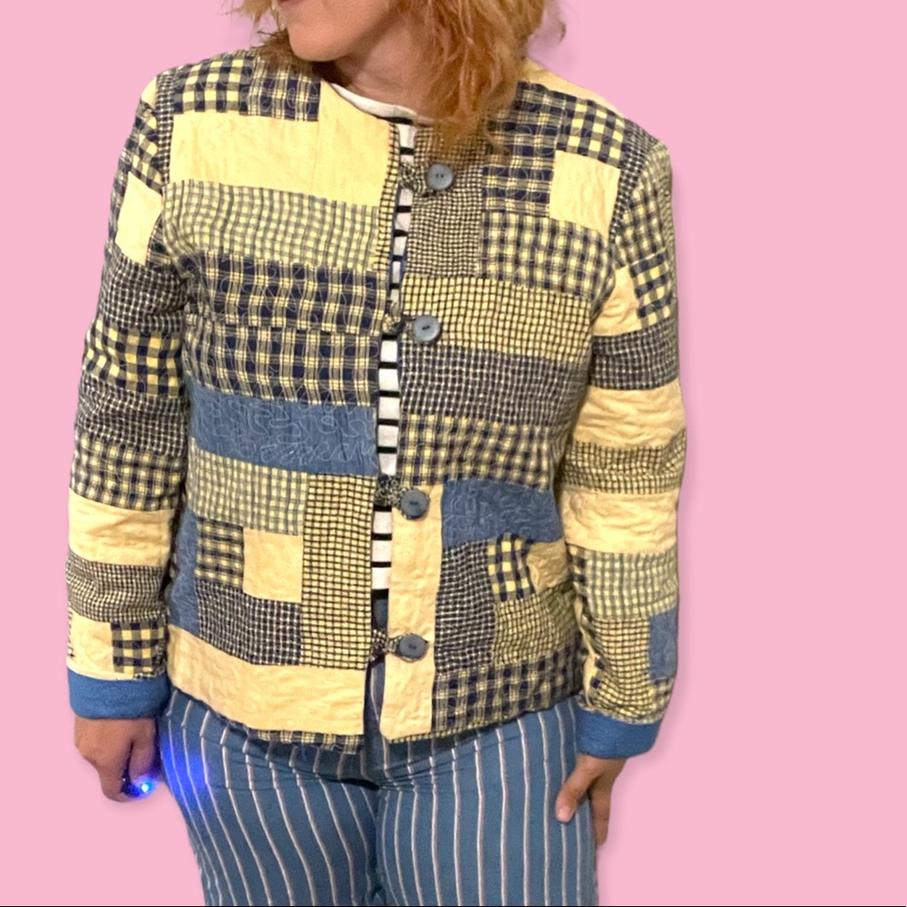 Vtg Homemade Patchwork Quilted Button Jacket Large - image 2